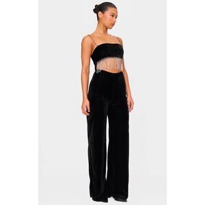 PrettyLittleThing Black Velvet Fringe Wide-Leg Jumpsuit Party Wear Size 8